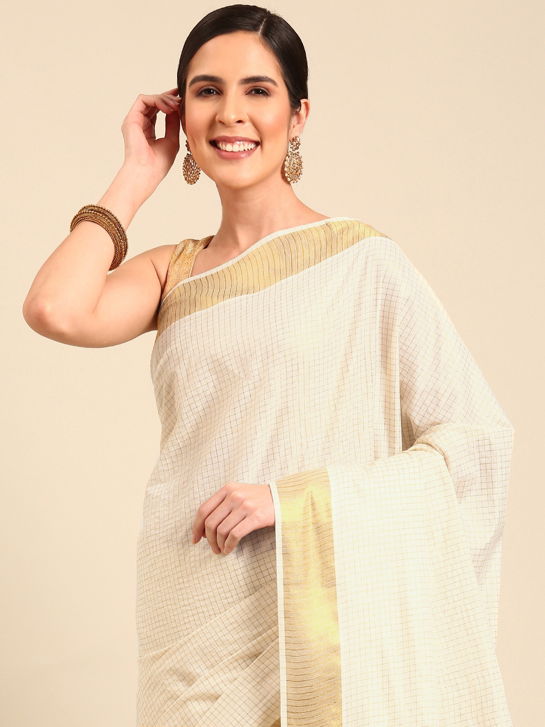 

Kalyan Silks Checked Pure Cotton Kasavu Saree, Off white