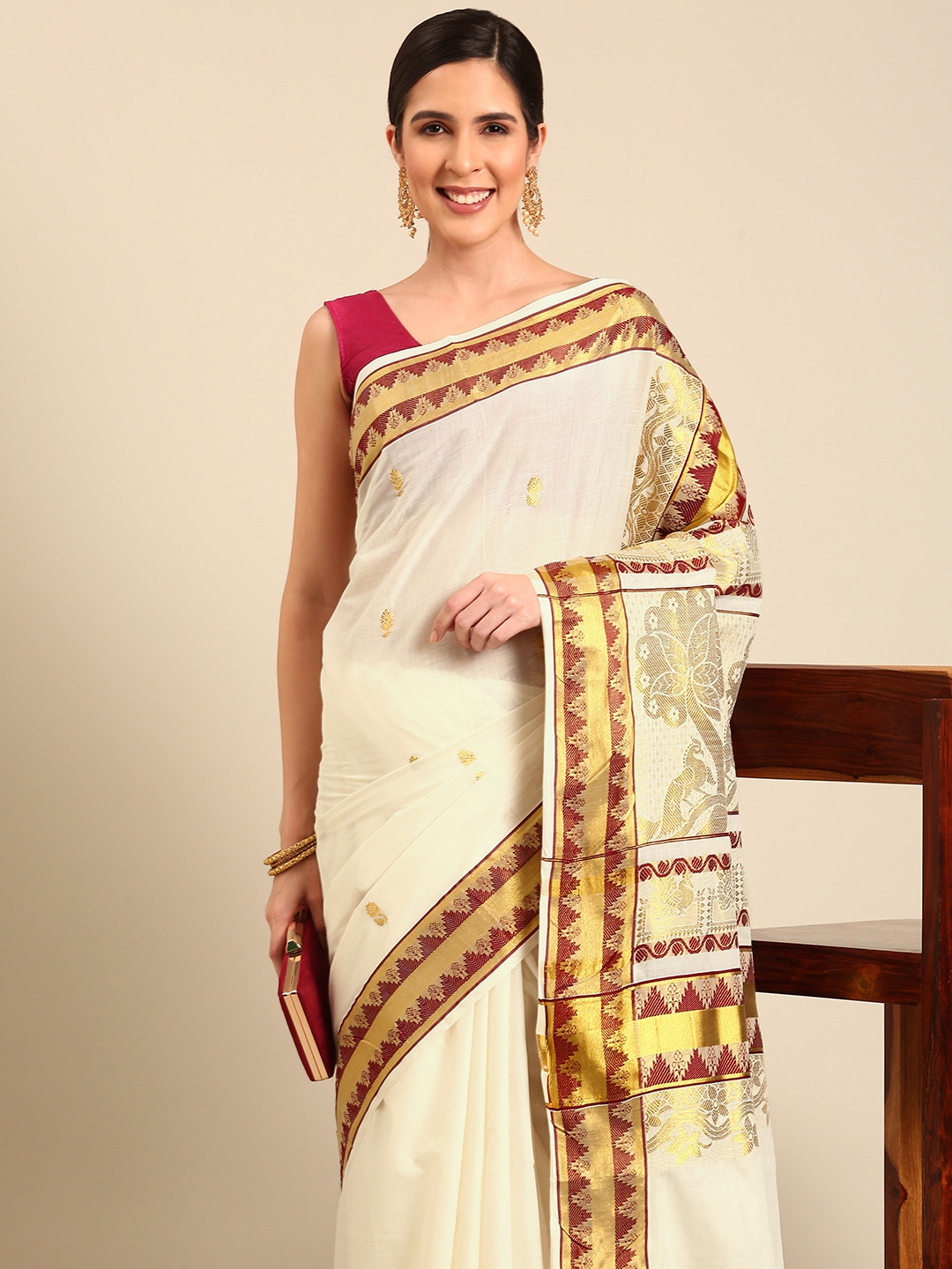 

Kalyan Silks Zari Pure Cotton Kasavu Saree, Off white