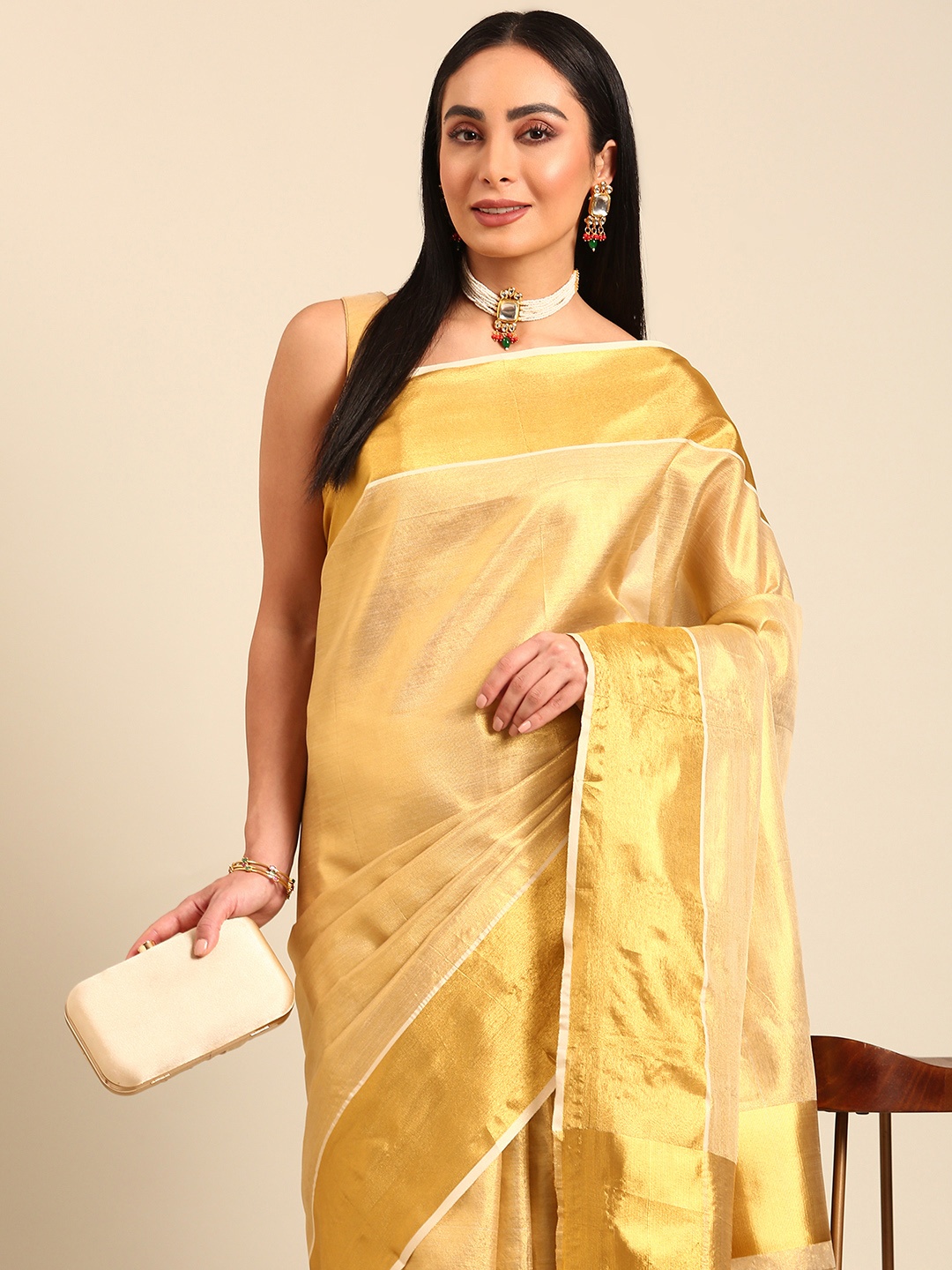 

Kalyan Silks Tissue Kasavu Saree, Gold