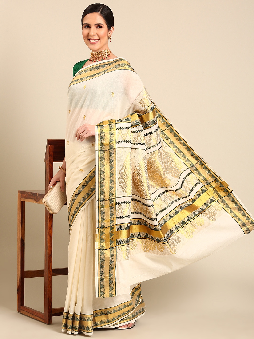 

Kalyan Silks Ethnic Motifs Zari Pure Cotton Kasavu Saree, Off white