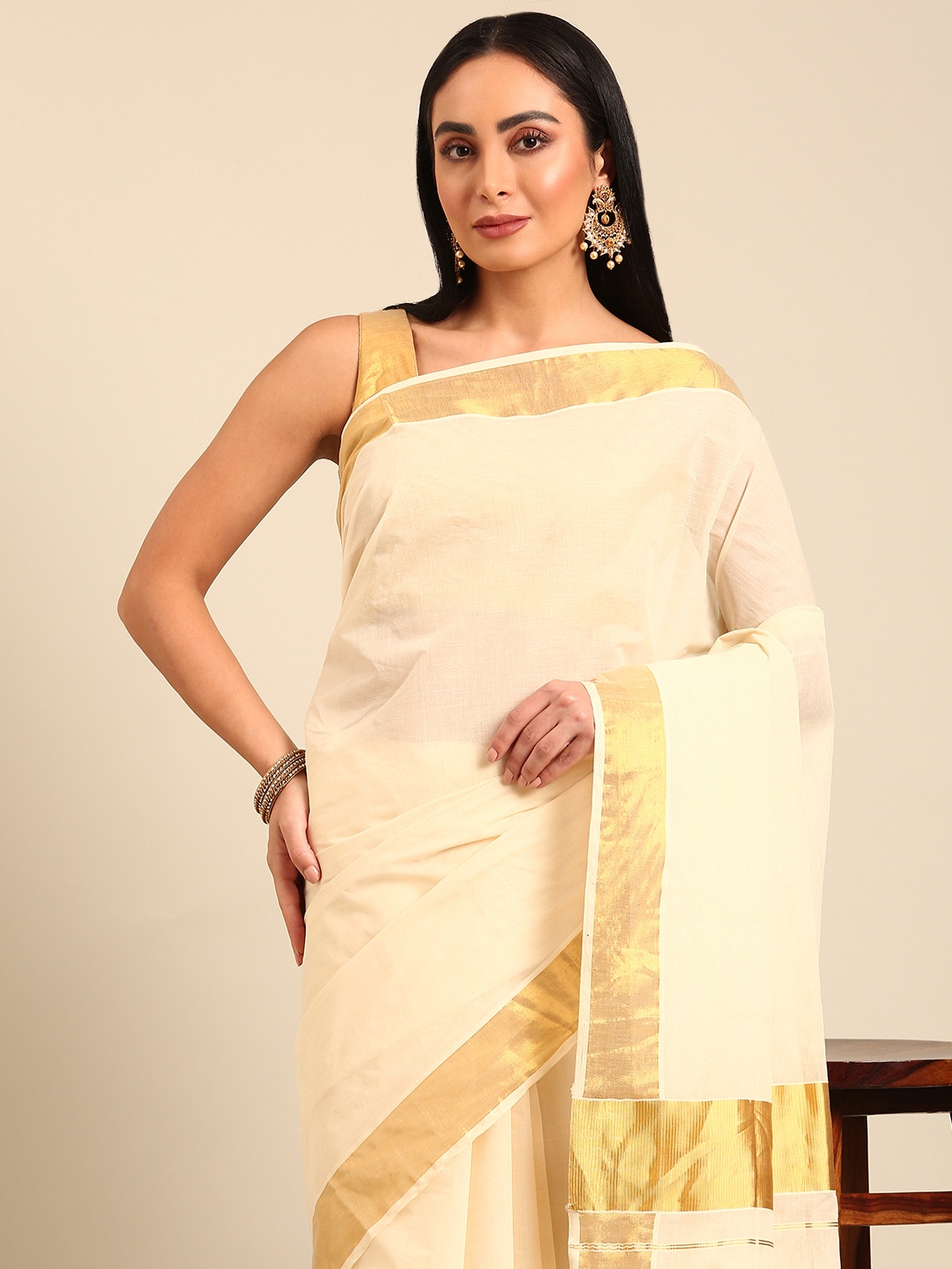 

Kalyan Silks Pure Cotton Kasavu Saree, Off white