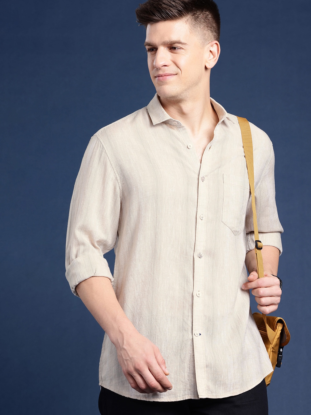 

Mast & Harbour Men Standard Lyocell Casual Shirt, Beige