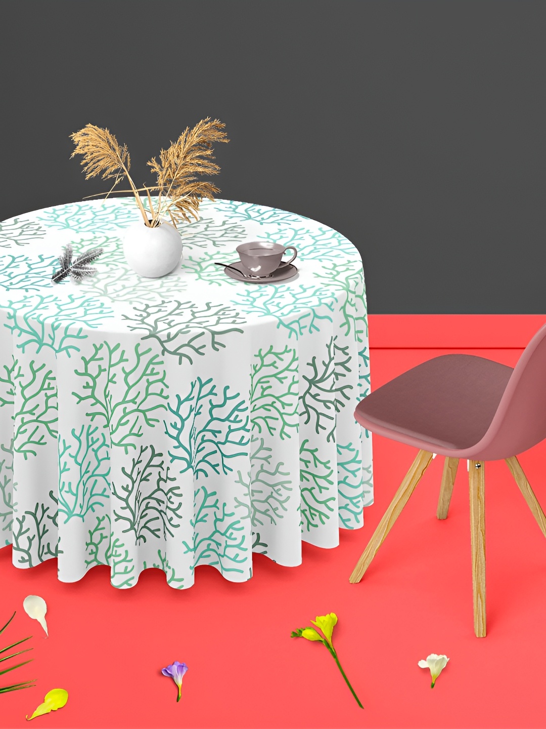 

ArtzFolio White & Green Anti-Slip Round 6-Seater Table Cover