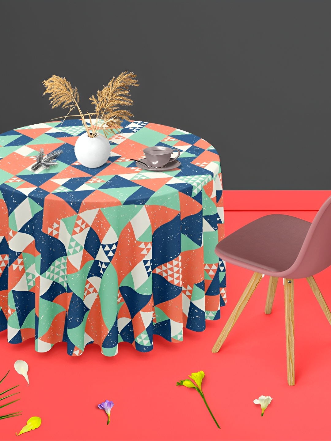 

ArtzFolio Green & Blue Geometric Printed Velvet Anti Slip Round Table Cover