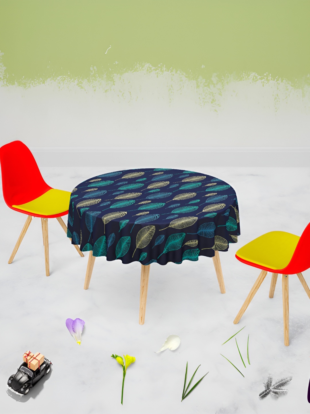 

ArtzFolio Navy Blue Floral Printed Anti-Slip Round 4 Seater Canvas Table Cover