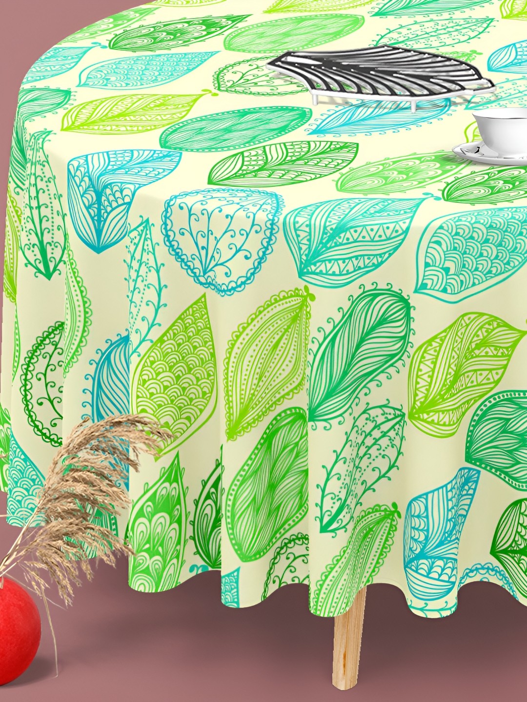 

ArtzFolio Off-White & Green Anti-Slip Round 8-Seater Table Cover