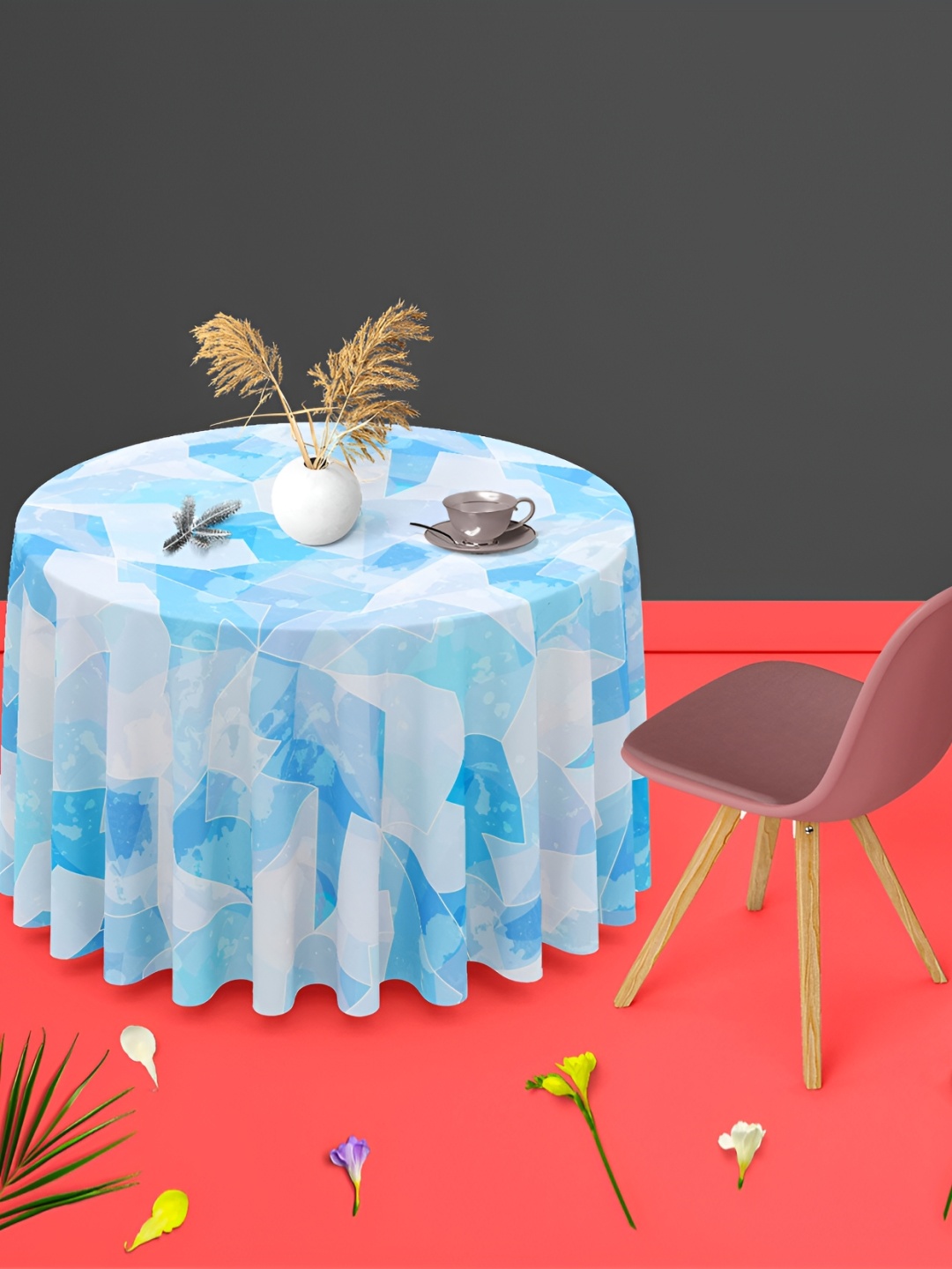 

ArtzFolio White & Blue Anti-Slip Round 8-Seater Table Cover
