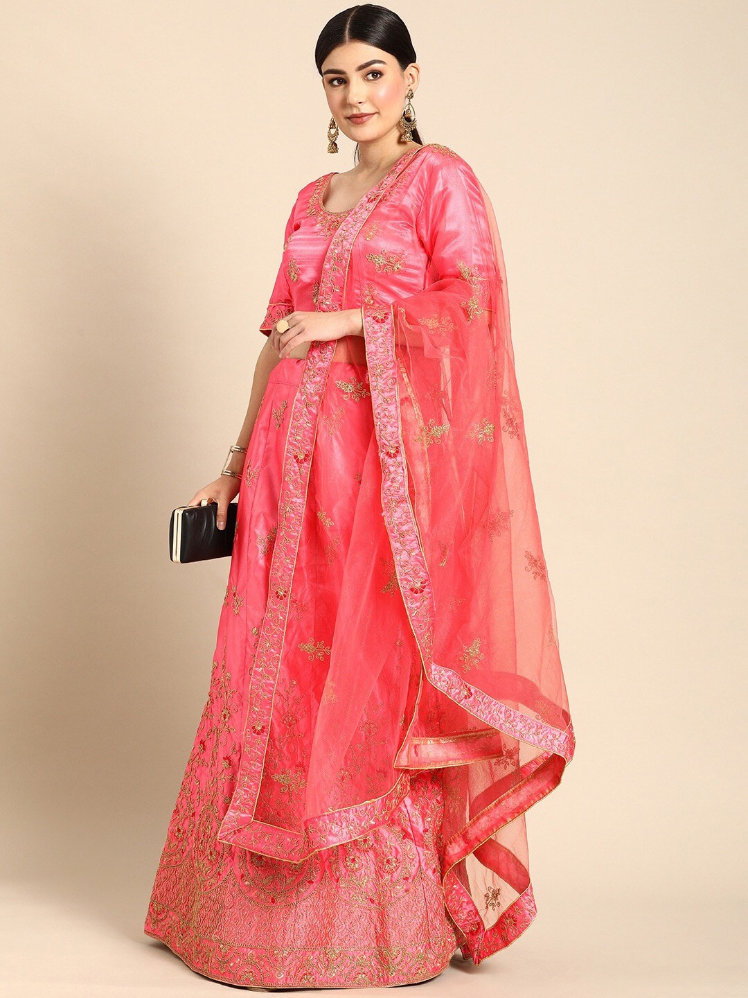 

HRITIKA Embroidered Thread Work Semi-Stitched Lehenga & Blouse With Dupatta, Pink