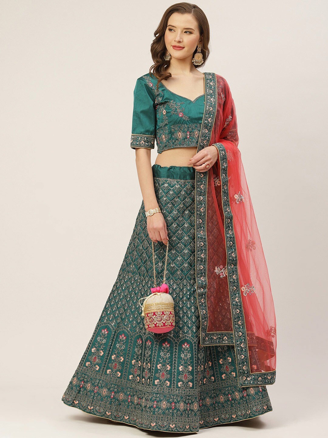 

HRITIKA Embroidered Beads and Stones Semi-Stitched Lehenga & Blouse With Dupatta, Teal