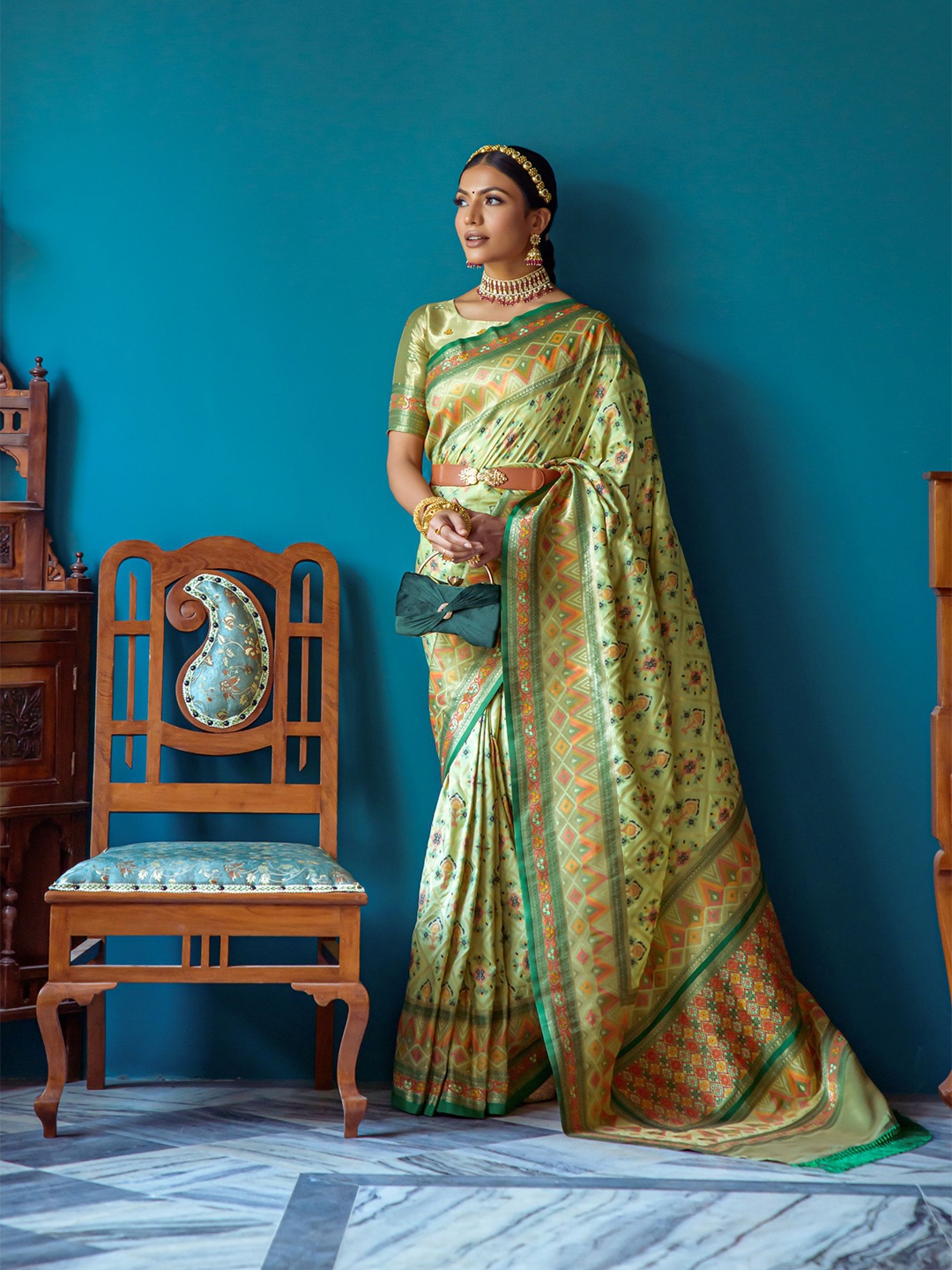 

LeeliPeeri Designer Ethnic Motifs Printed Zari Patola Saree, Sea green