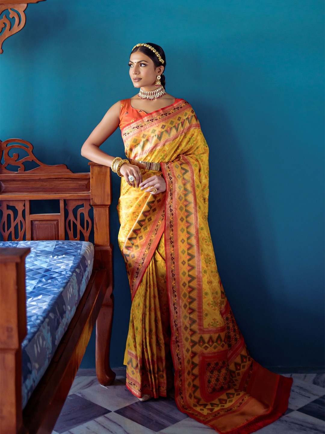 

LeeliPeeri Designer Ethnic Motifs Printed Zari Patola Saree With Contrast Blouse Piece, Yellow