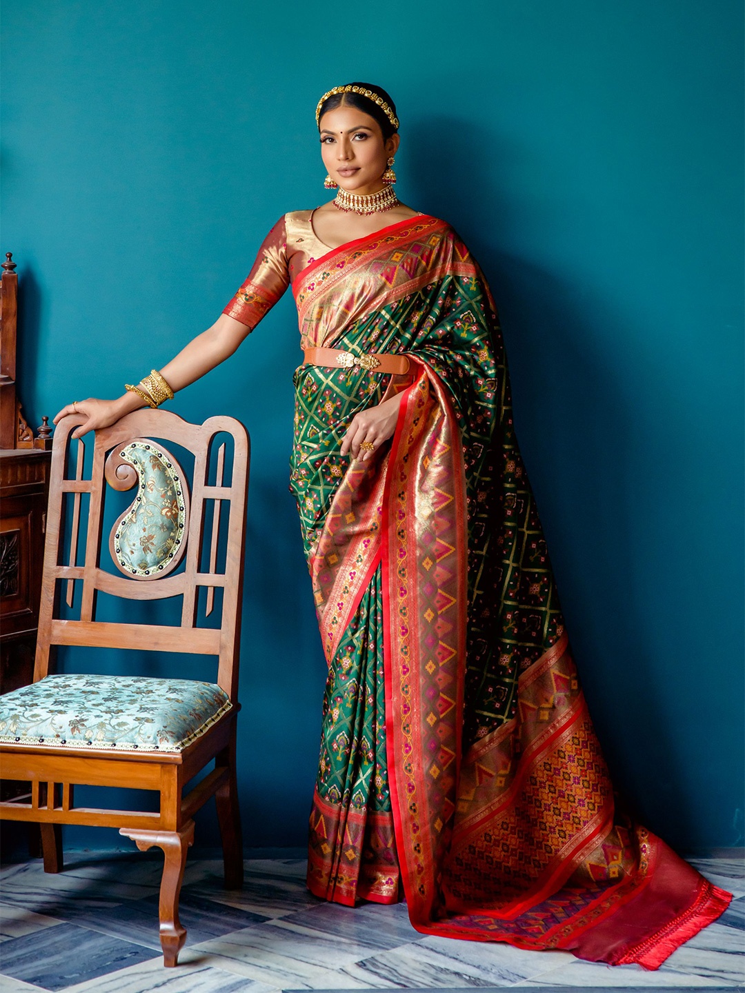 

LeeliPeeri Designer Ethnic Motifs Printed Zari Patola Saree With Contrast Blouse, Green