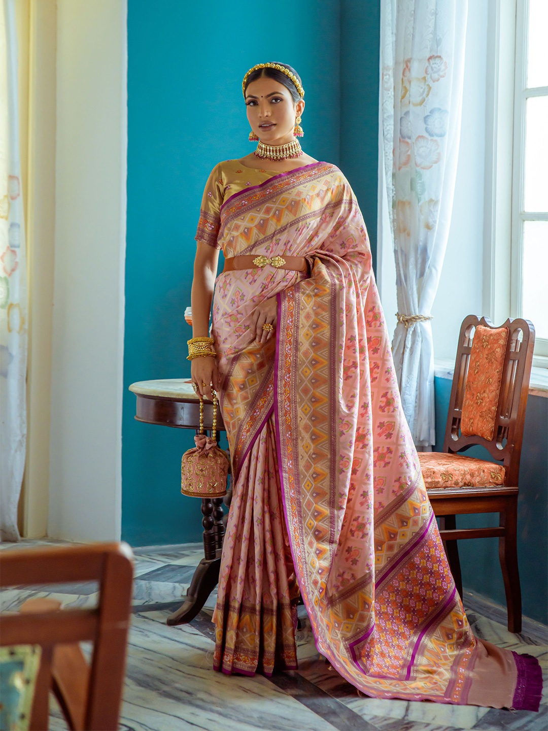 

LeeliPeeri Designer Ethnic Motifs Printed Zari Patola Saree With Contrast Blouse, Peach