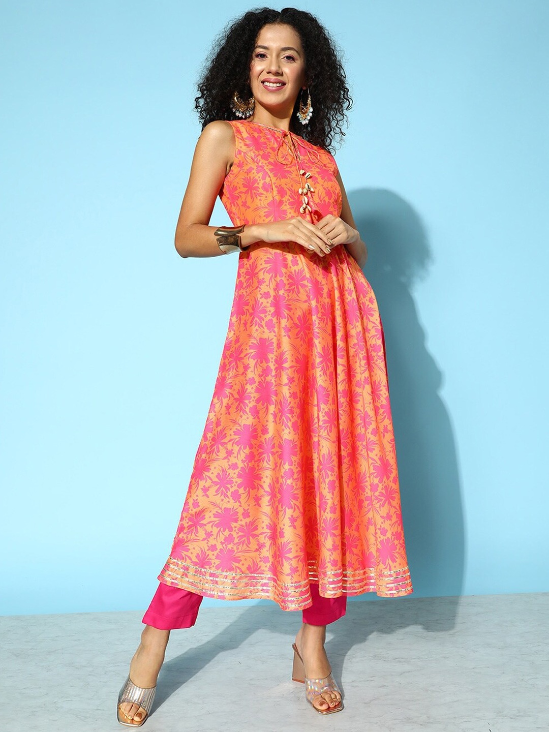 

MASSTANI BY INDDUS Floral Printed Anarkali Gotta Patti Kurta with Trousers, Orange
