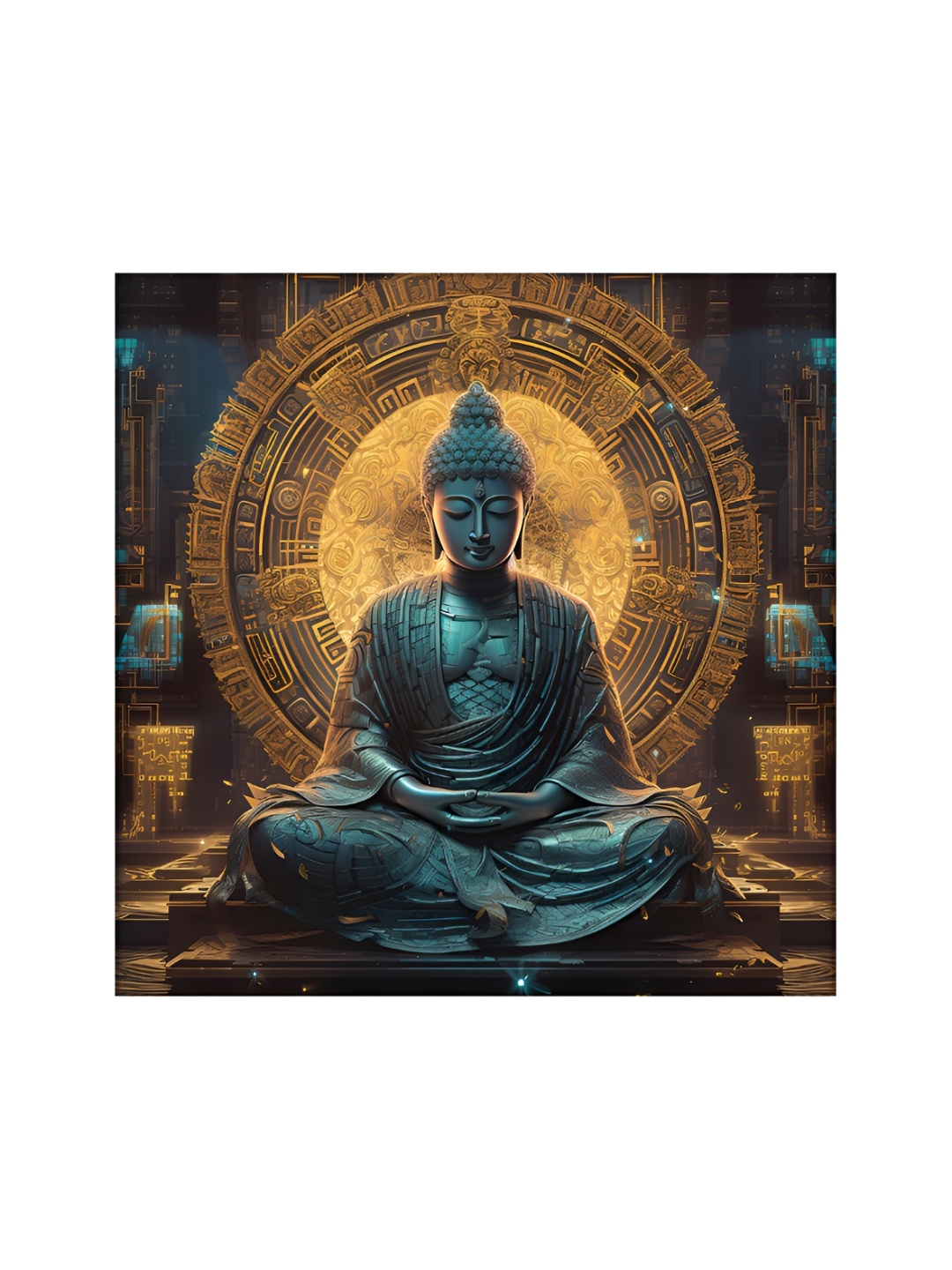 

OLIVE TREE Gold-Toned & Blue Buddha Religious Canvas Painting Wall Art