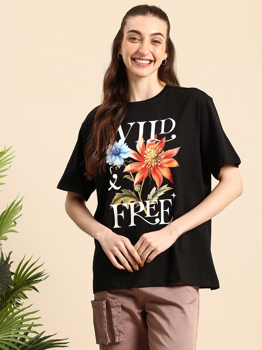 

Mast & Harbour Floral Printed Pure Cotton T-shirt, Black