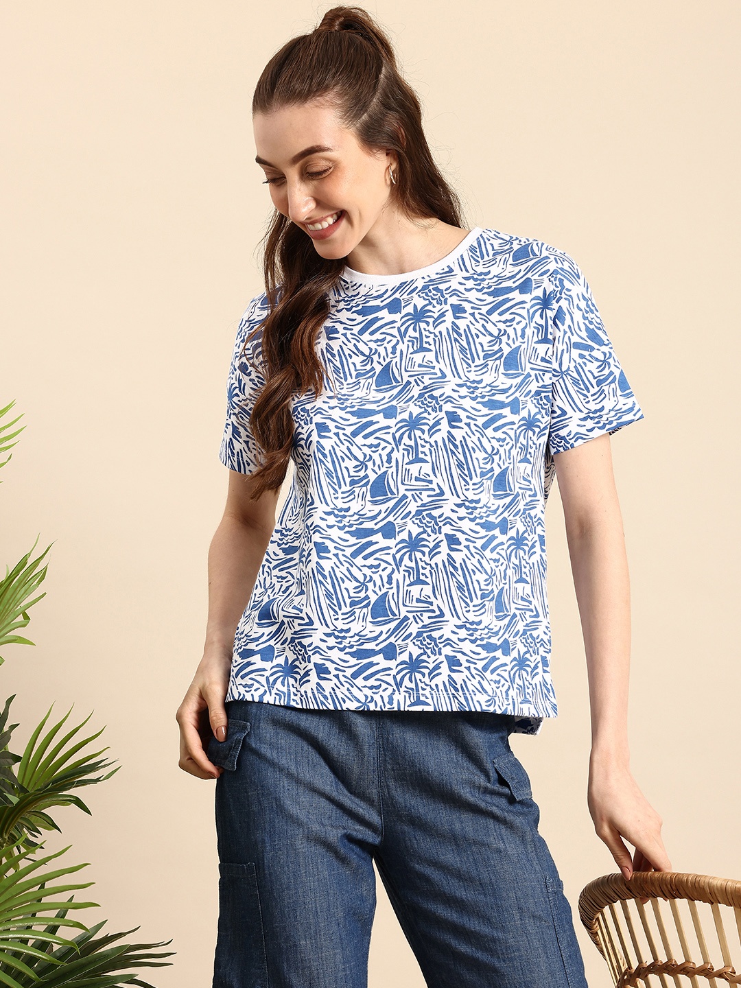 

Mast & Harbour Conversational Printed Pure Cotton T-shirt, Blue