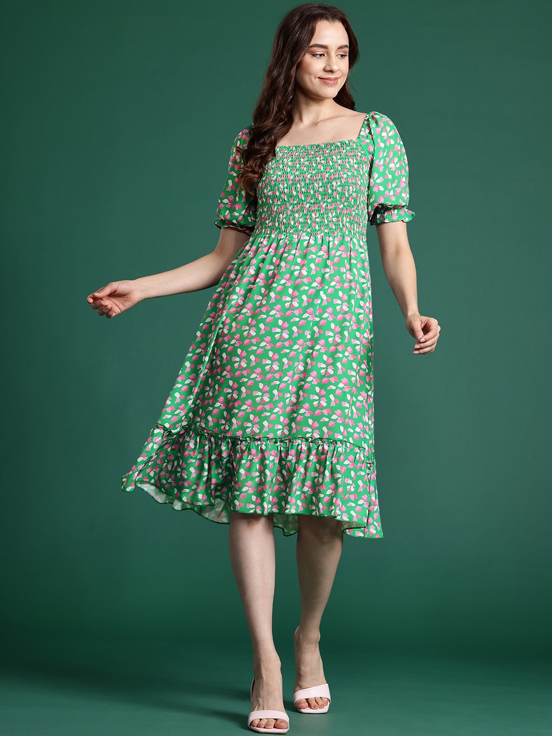 

DressBerry Printed Smocked Fit & Flare Dress, Green