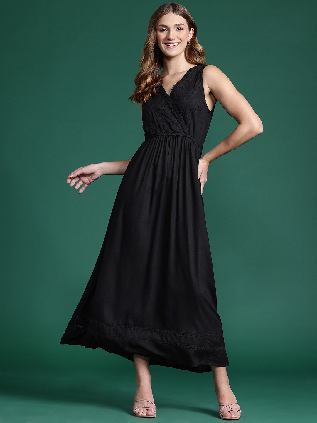

DressBerry Lace Inserts Wrap-Style A-Line Maxi Dress, Black