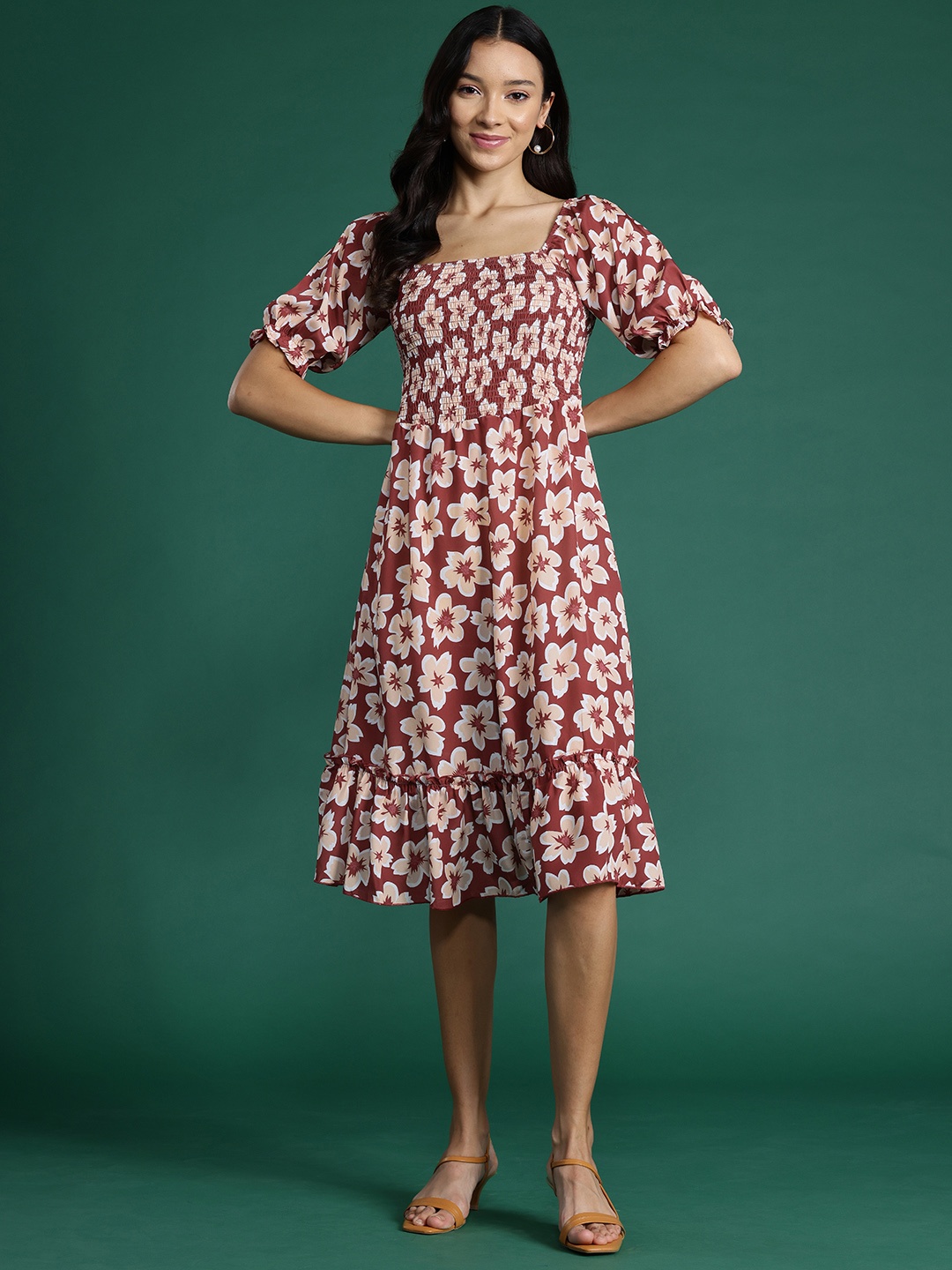 

DressBerry Floral Print Smocked A-Line Midi Dress, Rust