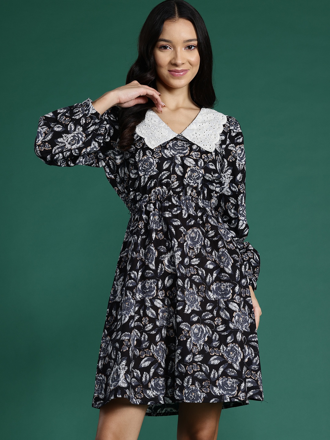 

DressBerry Pure Cotton Floral Print A-Line Dress, Black