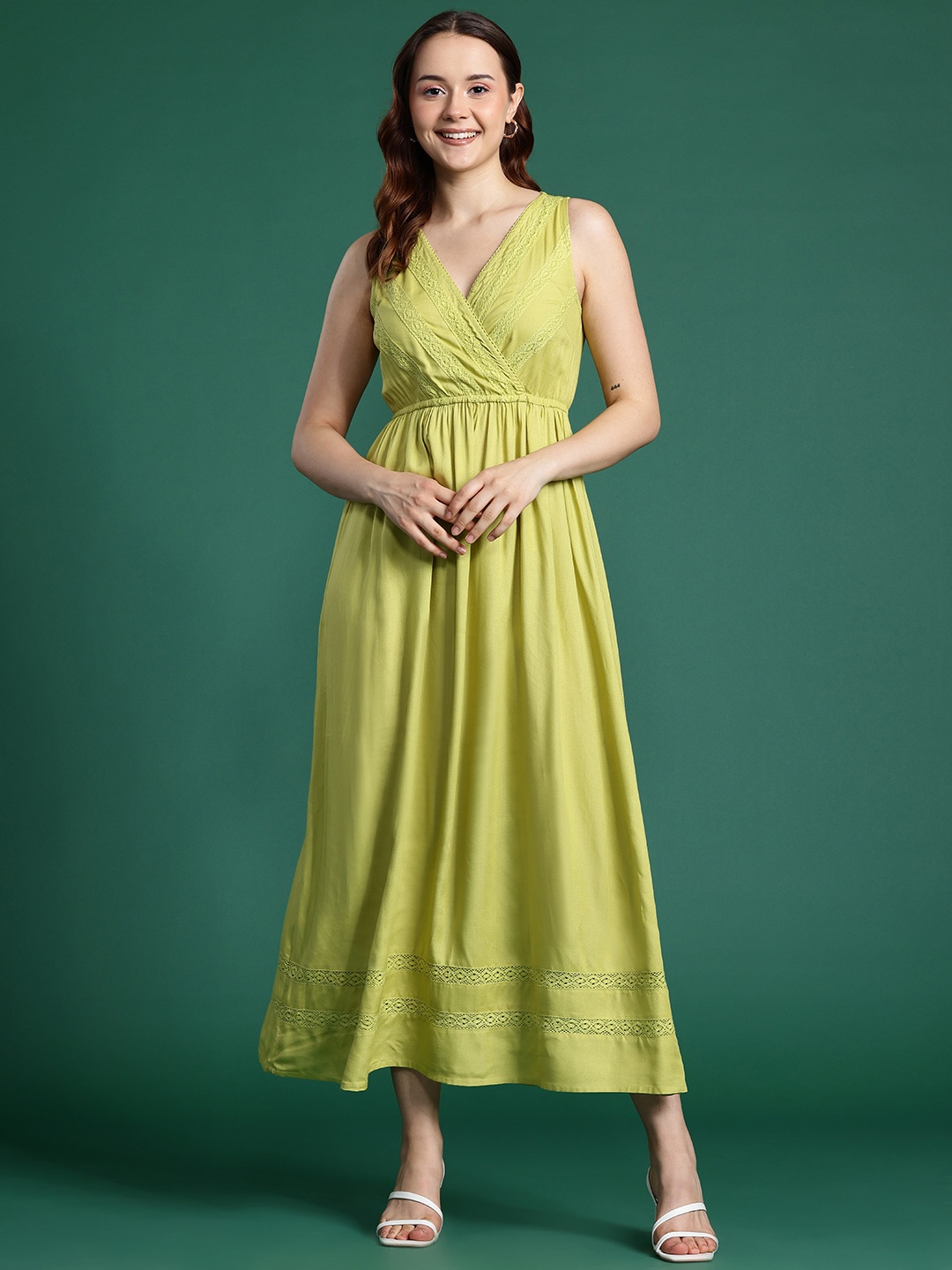 

DressBerry Lace Inserts Fit & Flare Midi Dress, Lime green