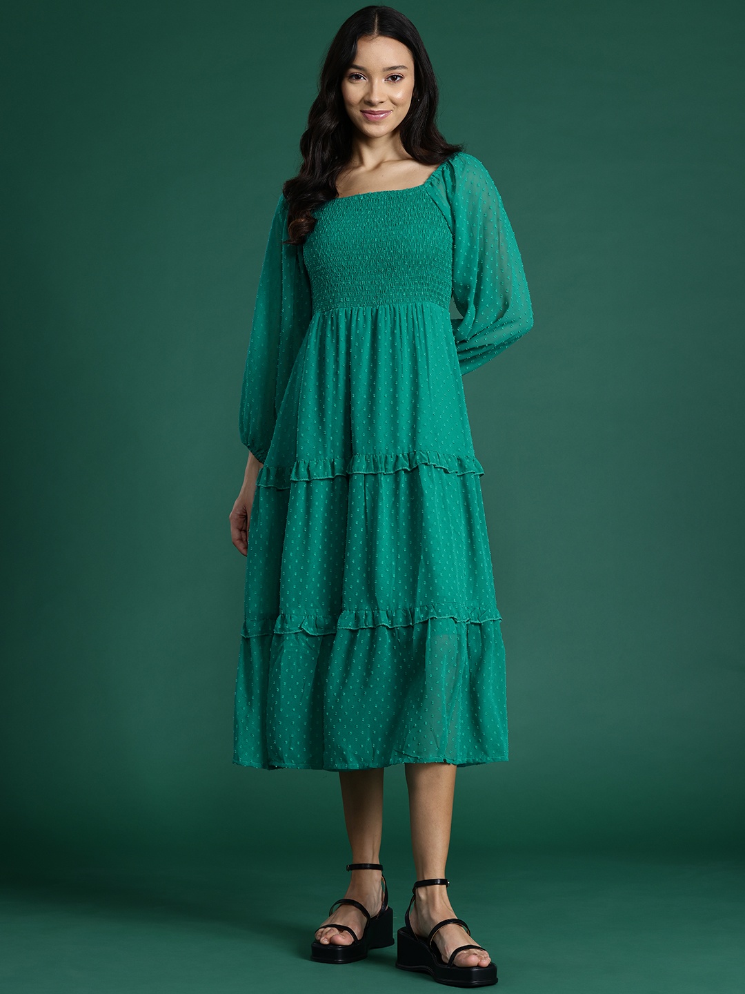 

DressBerry Dobby Weave Smoked Tiered A-Line Midi Dress, Green