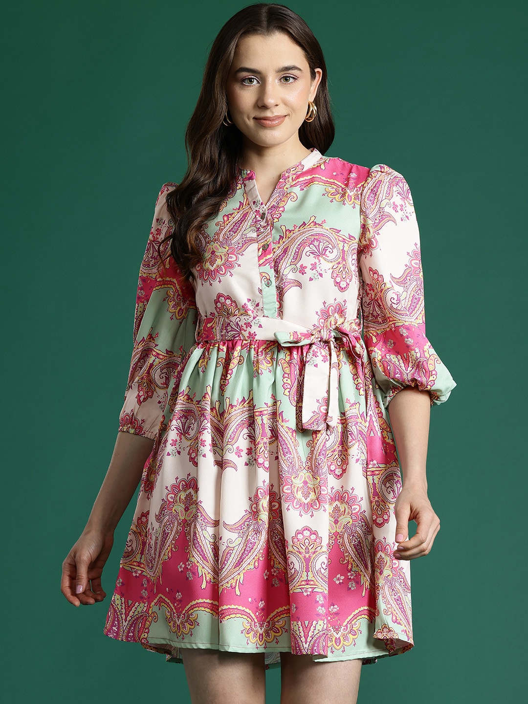 

DressBerry Ethnic Motifs Print Puff Sleeves A-Line Mini Dress with Belt, Pink