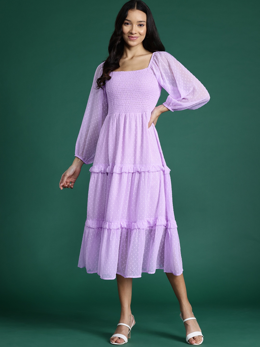 

DressBerry Dobby Weave Smoked Tiered A-Line Midi Dress, Lavender