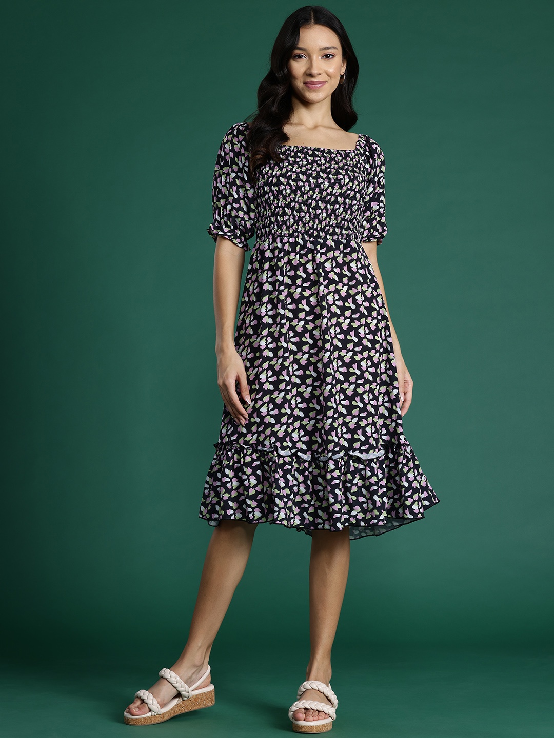 

DressBerry Printed Smocked A-Line Dress, Black