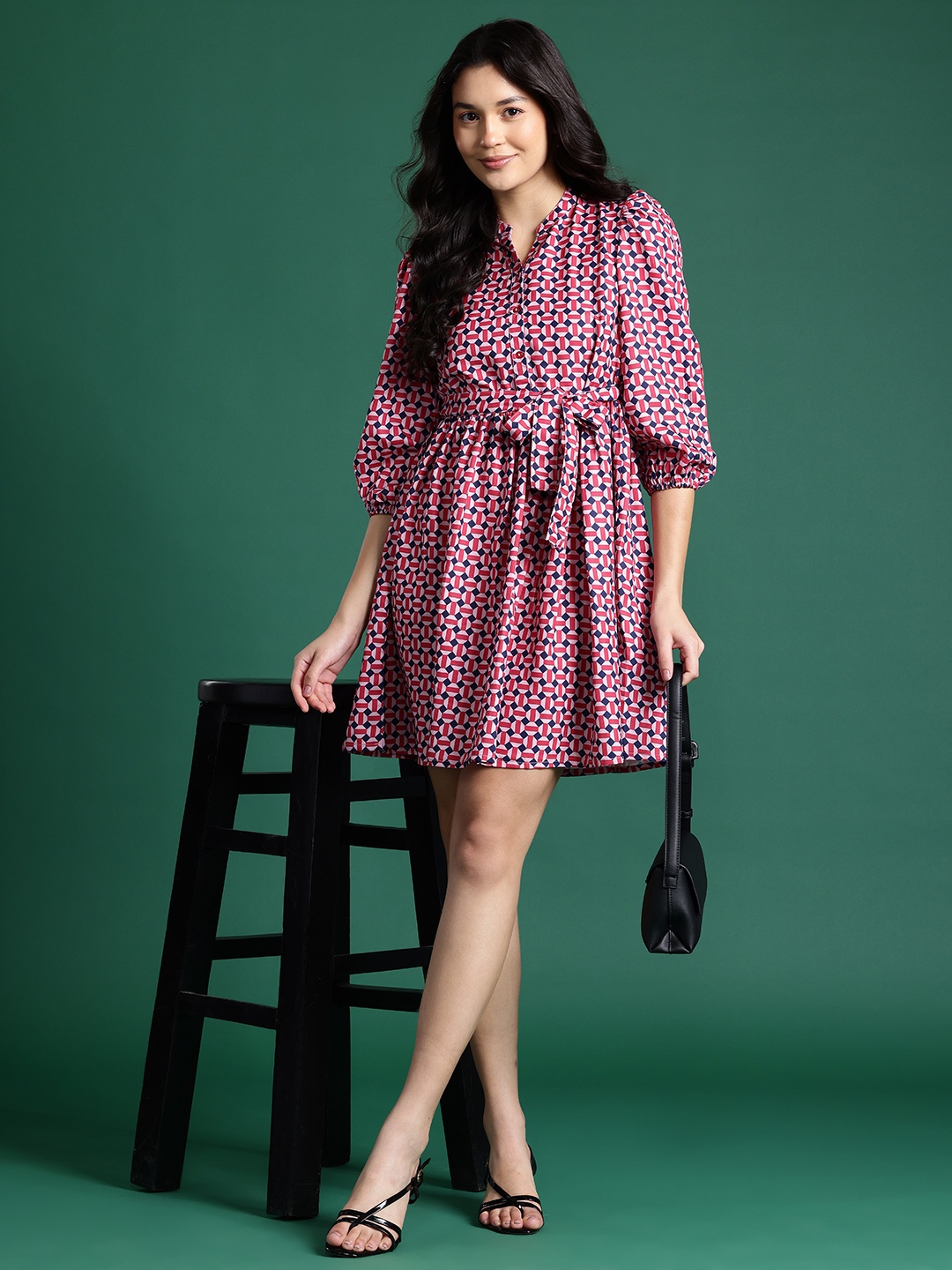 

DressBerry Printed Puff Sleeves A-Line Dress with Belt, Pink