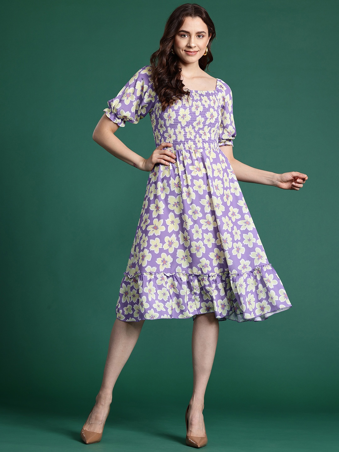 

DressBerry Floral Print Smocked A-Line Midi Dress, Purple