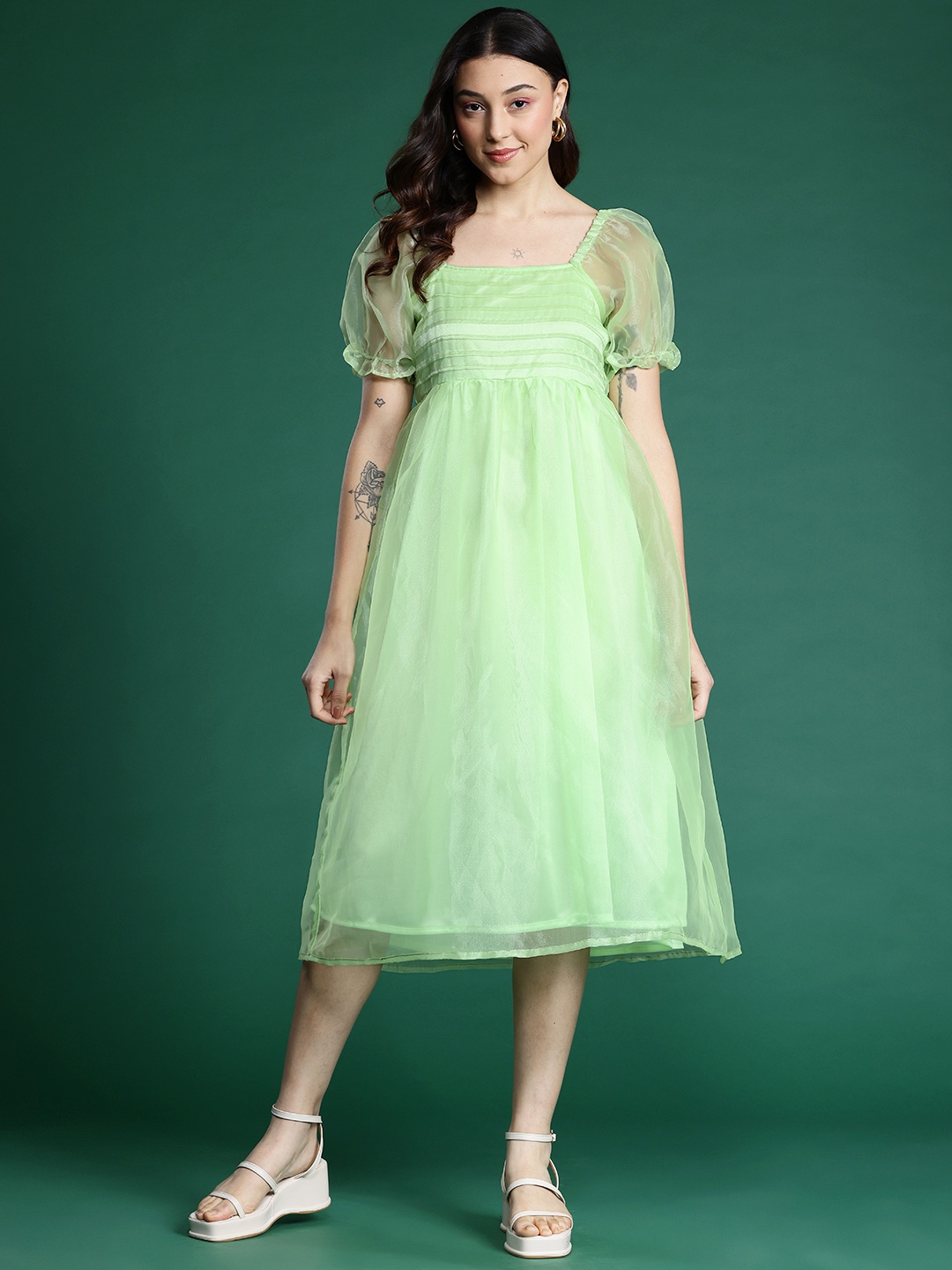 

DressBerry Glam Puff Sleeves Net Fit & Flare Dress, Fluorescent green