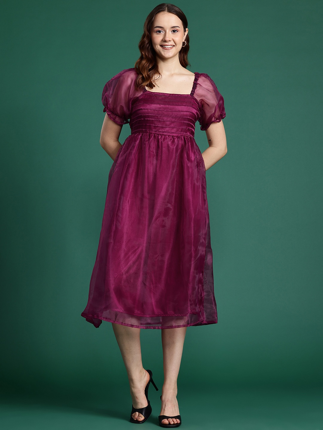 

DressBerry Puff Sleeve Fit & Flare Midi Dress, Magenta