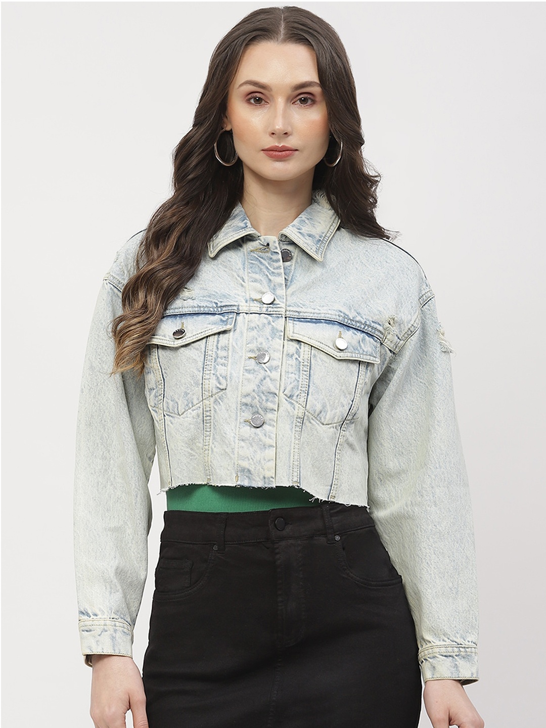 

Madame Women Colourblocked Crop Denim Jacket, Blue