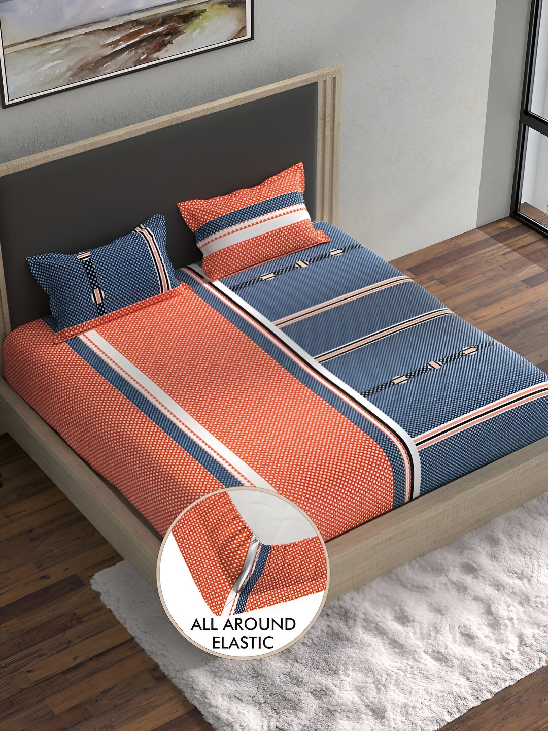

BELLA CASA Blue & Orange Geometric 180 TC Cotton King Bedsheet with 2 Pillow Covers