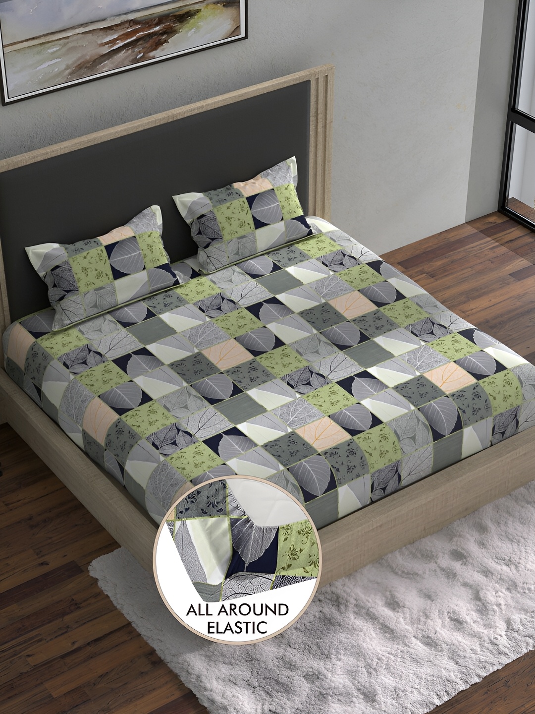 

BELLA CASA Grey & Green Floral 180 TC Cotton King Bedsheet with 2 Pillow Covers