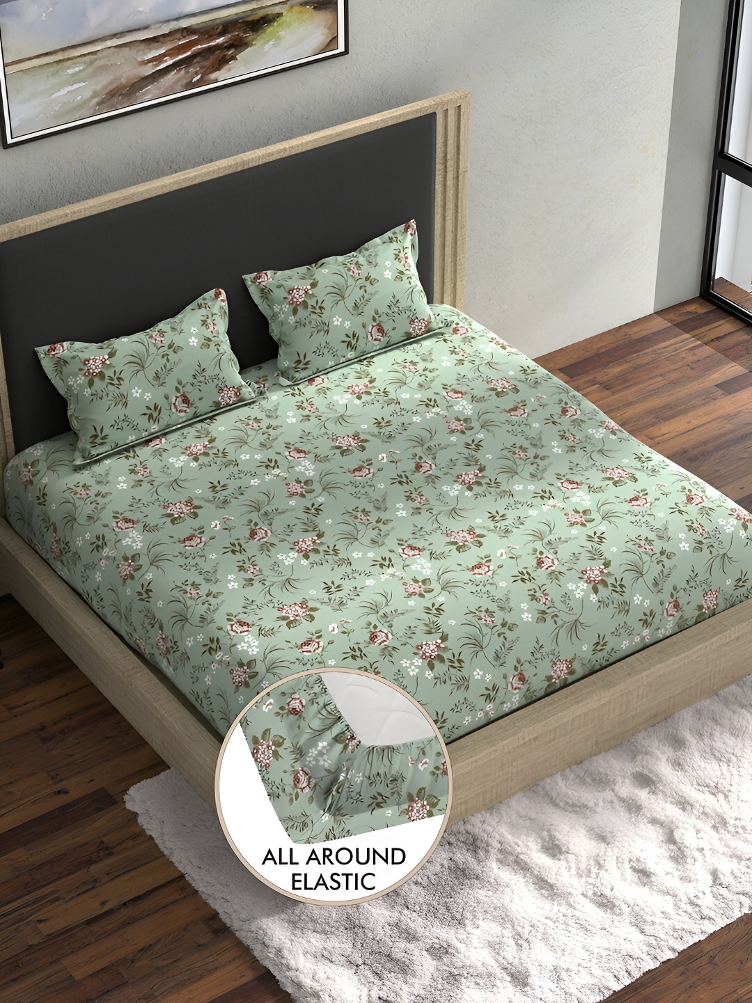 

BELLA CASA Green & White Floral 180 TC Cotton King Bedsheet with 2 Pillow Covers