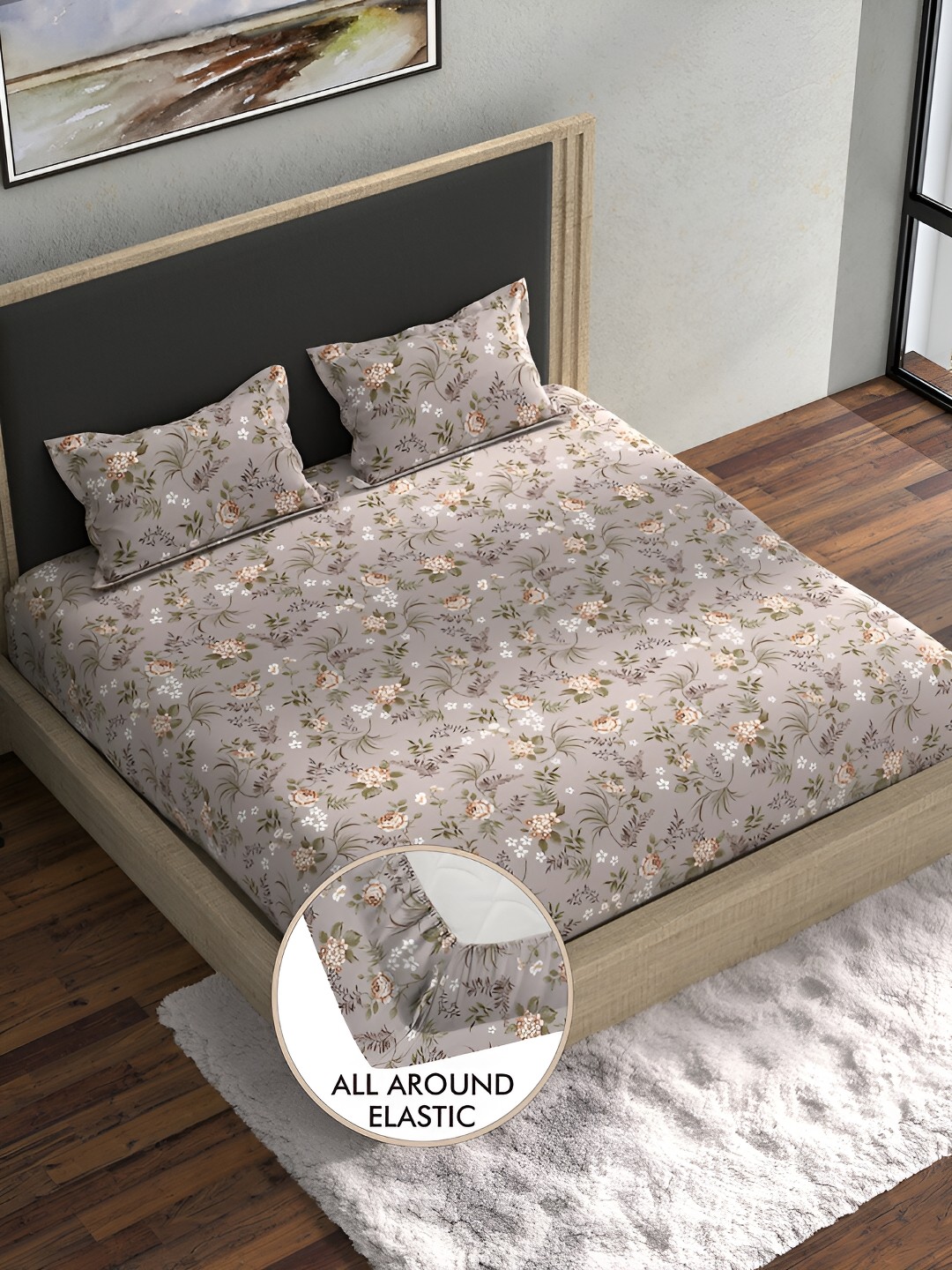 

BELLA CASA Grey & White Floral 180 TC Cotton King Bedsheet with 2 Pillow Covers