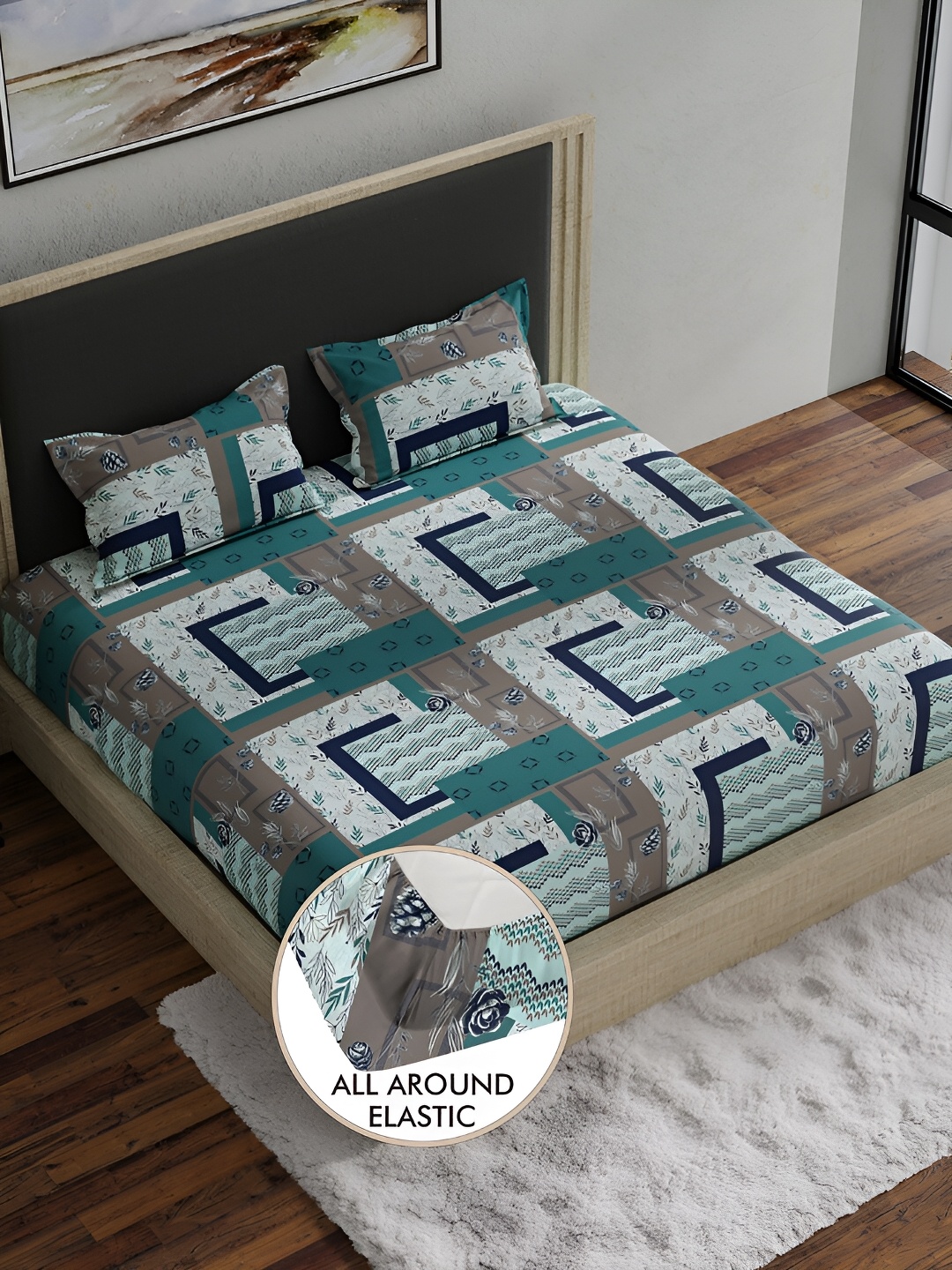 

BELLA CASA Blue & White Geometric 180 TC Cotton King Bedsheet with 2 Pillow Covers