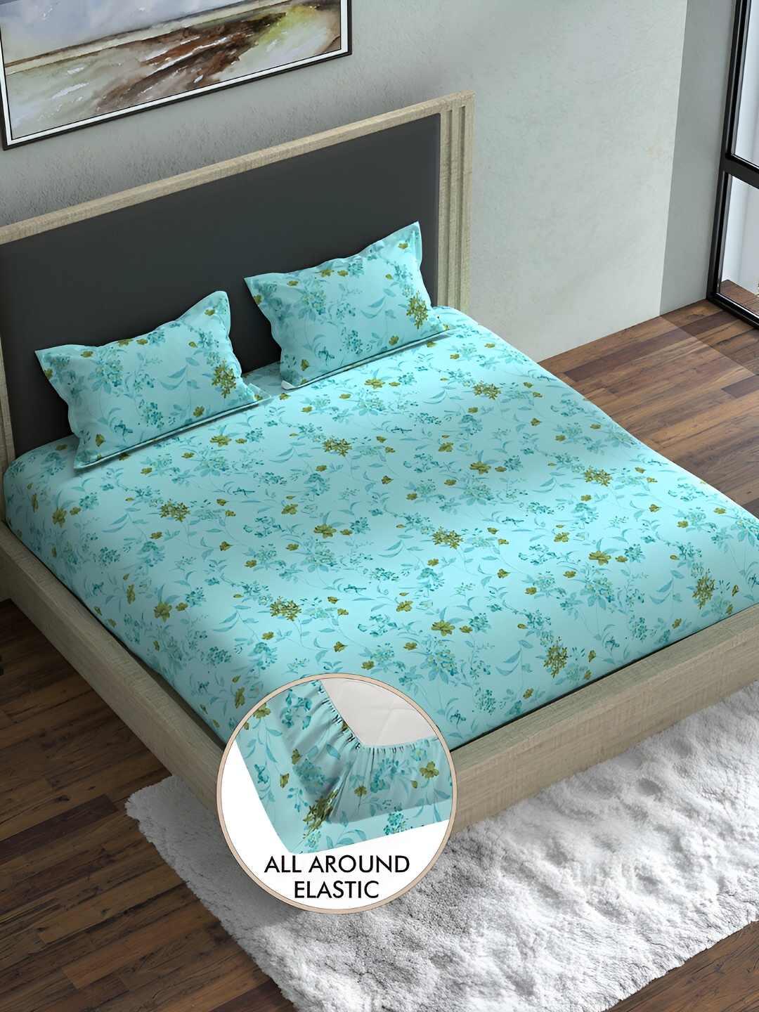

BELLA CASA Blue & Green Floral 180 TC Cotton King Bedsheet with 2 Pillow Covers