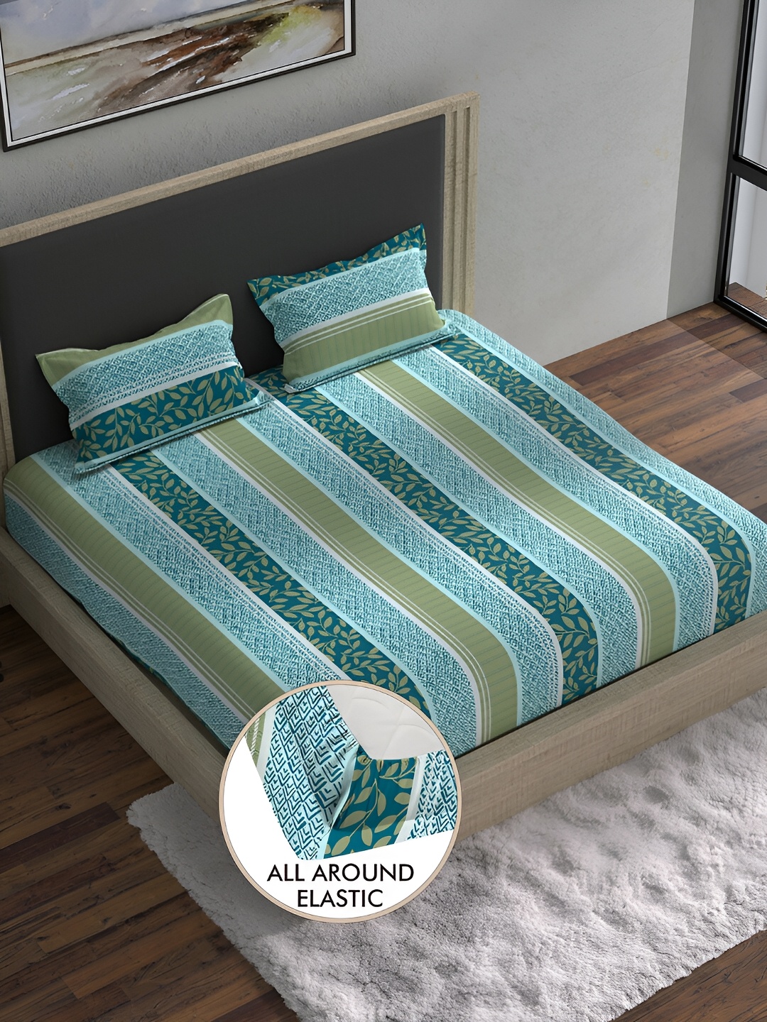 

BELLA CASA Blue & Green Floral 180 TC Cotton King Bedsheet with 2 Pillow Covers