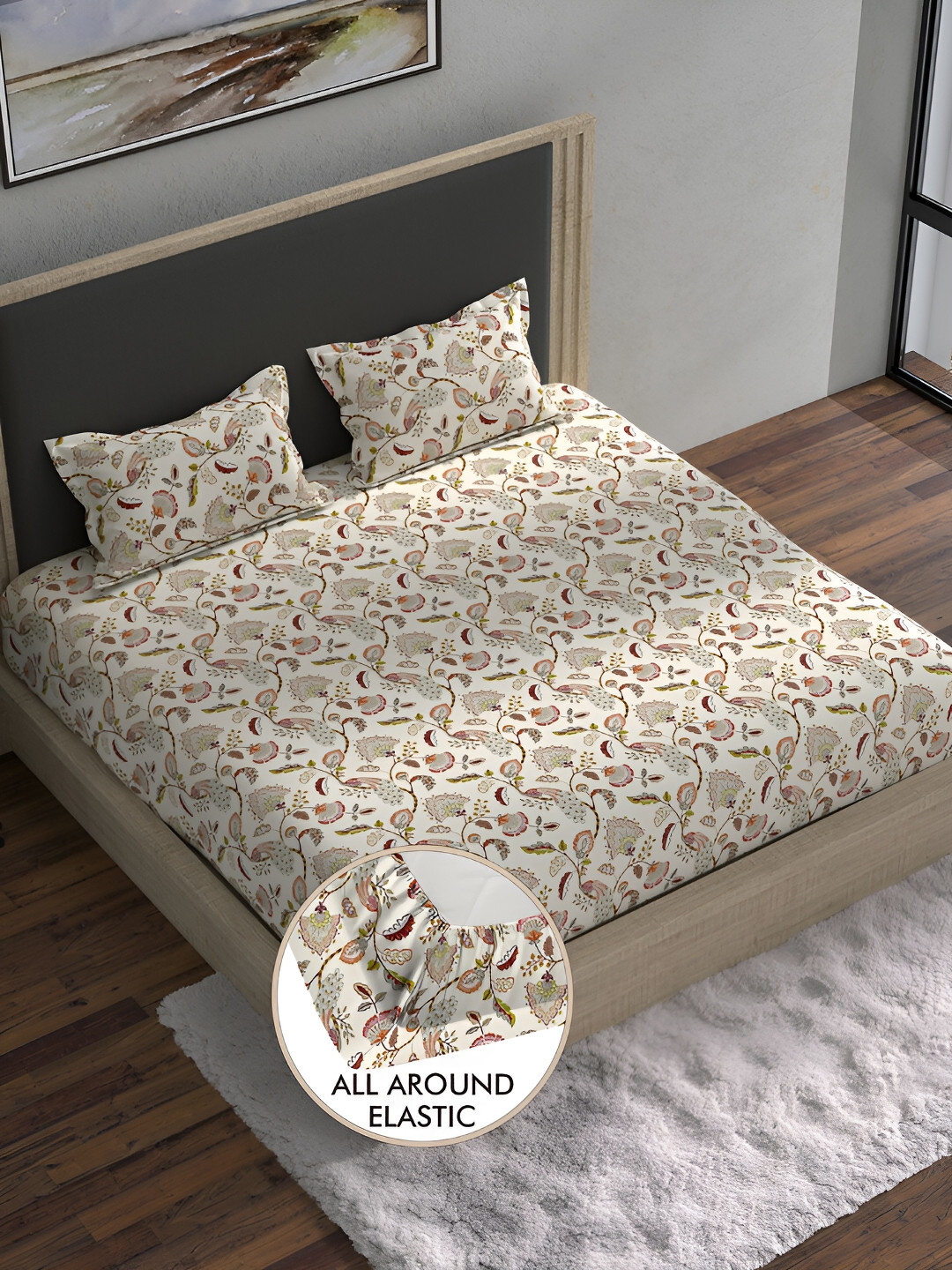 

BELLA CASA White & Red Floral 180 TC Cotton King Bedsheet with 2 Pillow Covers