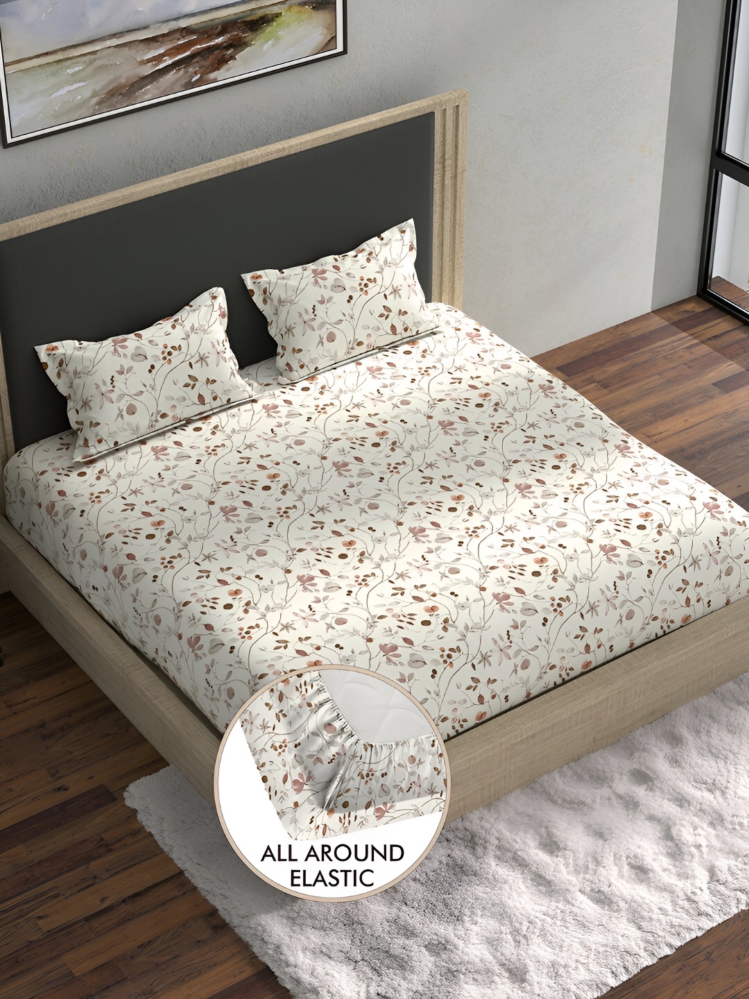 

BELLA CASA Brown & White Floral 180 TC Cotton King Bedsheet with 2 Pillow Covers