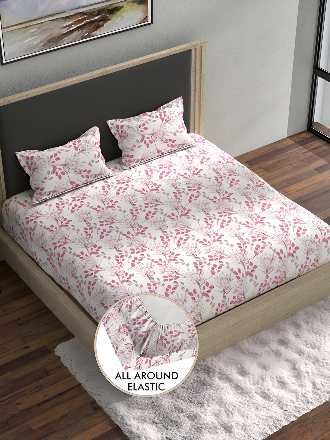 

BELLA CASA Pink & White Floral 180 TC Cotton King Bedsheet with 2 Pillow Covers