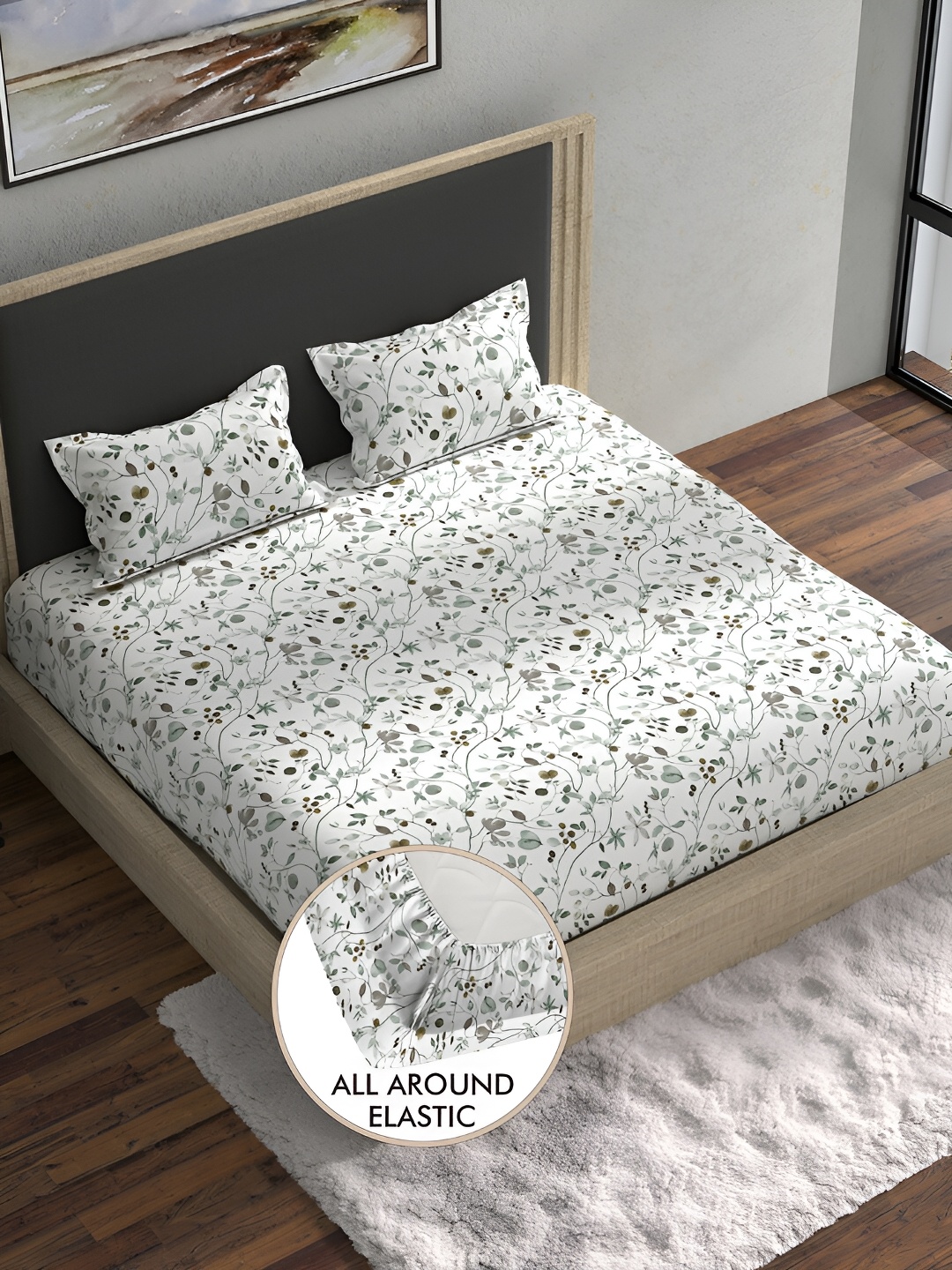 

BELLA CASA Green & White Floral 180 TC Cotton King Bedsheet with 2 Pillow Covers