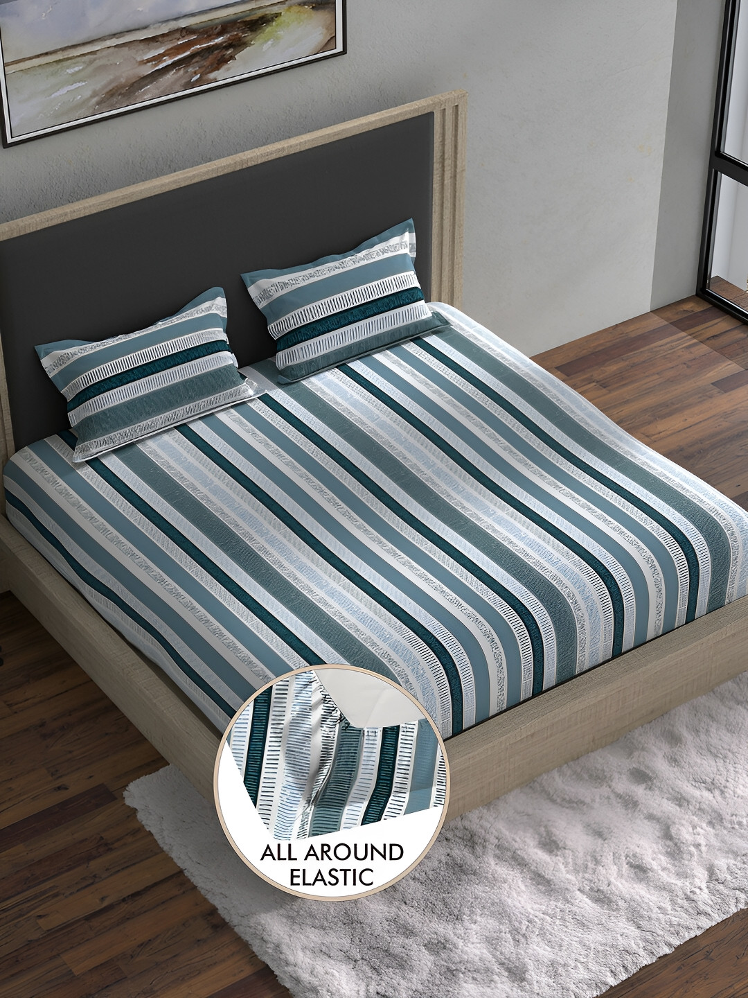 

BELLA CASA Blue & White Striped 180 TC Cotton King Bedsheet with 2 Pillow Covers