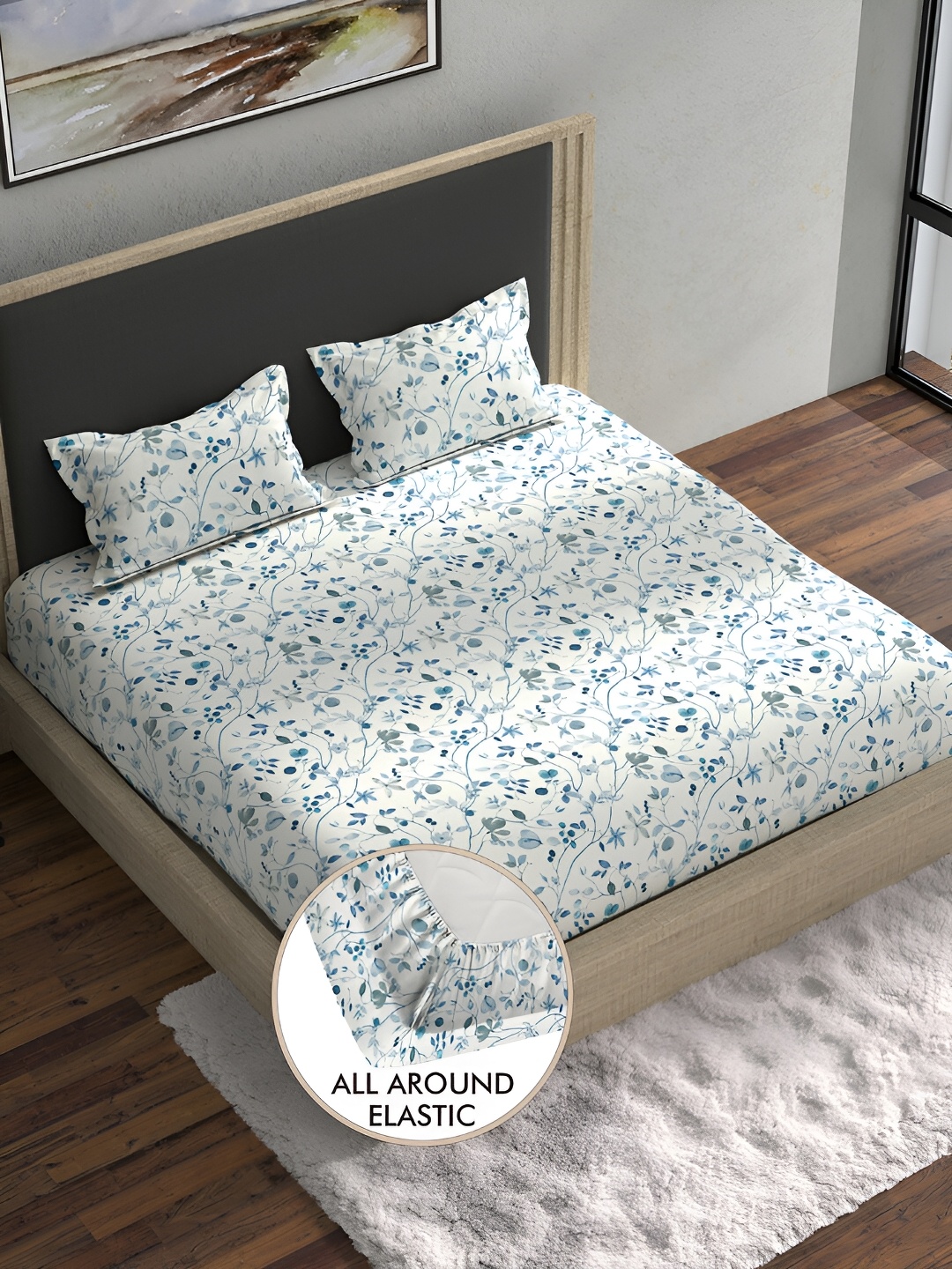 

BELLA CASA White & Blue Floral 180 TC Cotton King Bedsheet with 2 Pillow Covers
