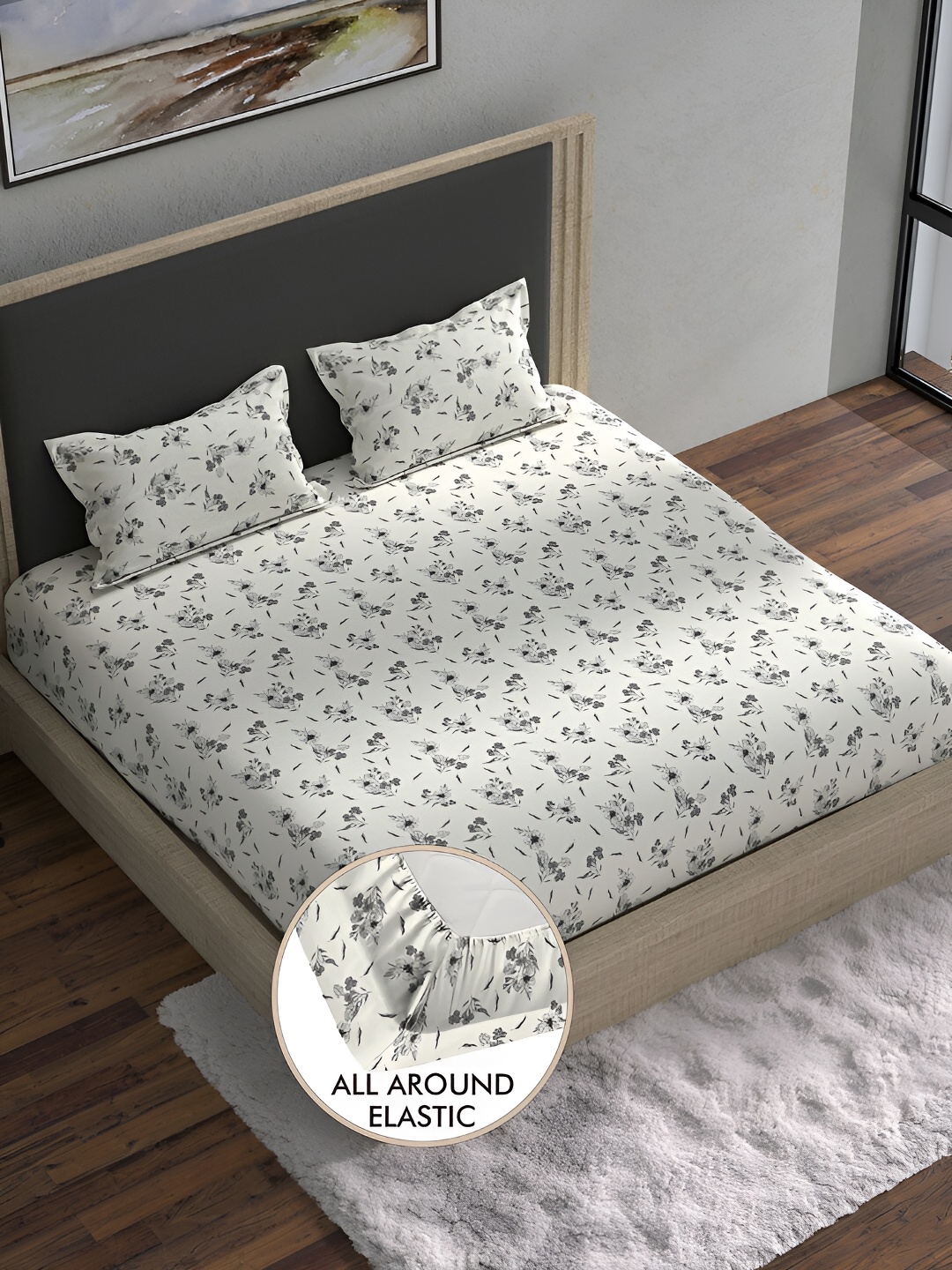 

BELLA CASA White & Grey Floral 180 TC Cotton King Bedsheet with 2 Pillow Covers