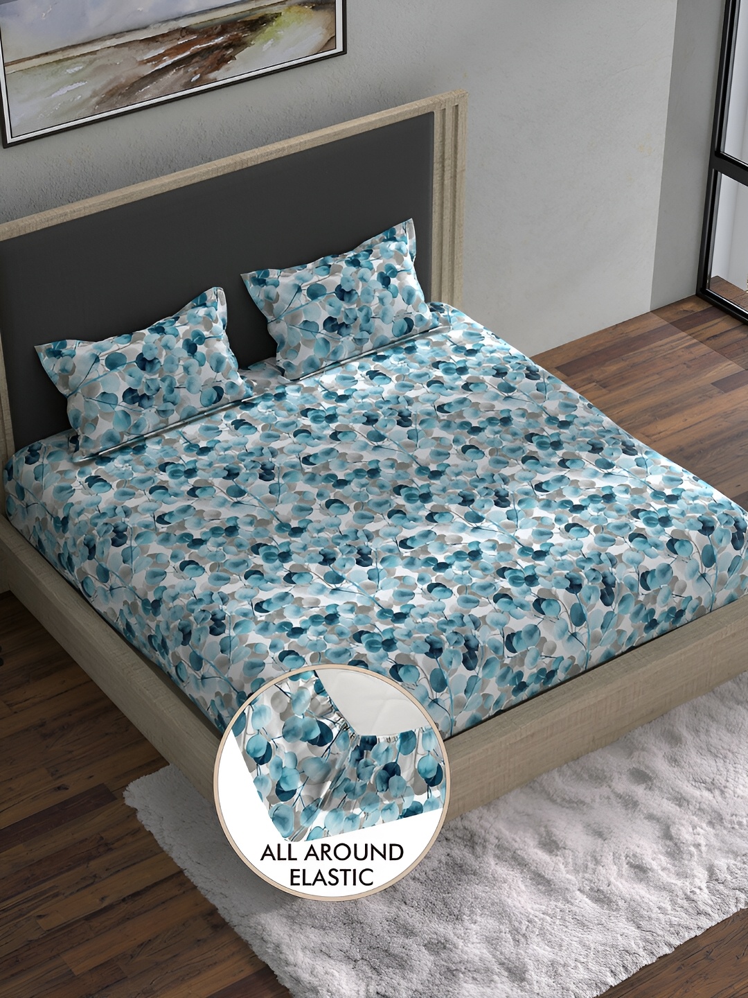 

BELLA CASA Blue & Grey Floral 180 TC Cotton King Bedsheet with 2 Pillow Covers